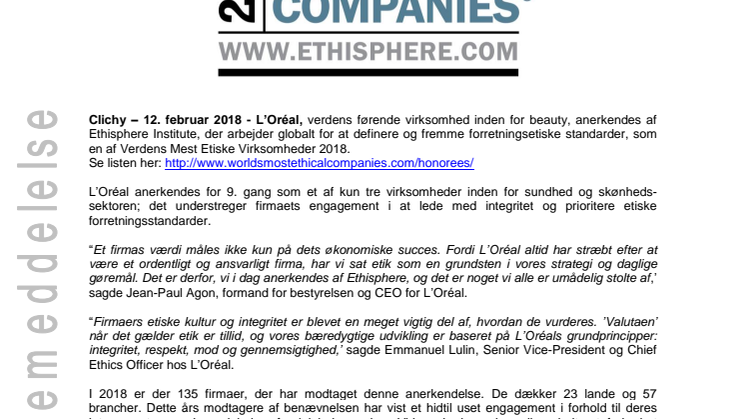 L’Oréal anerkendes for 9. gang som en af Verdens Mest Etiske Virksomheder af Ethisphere Institute