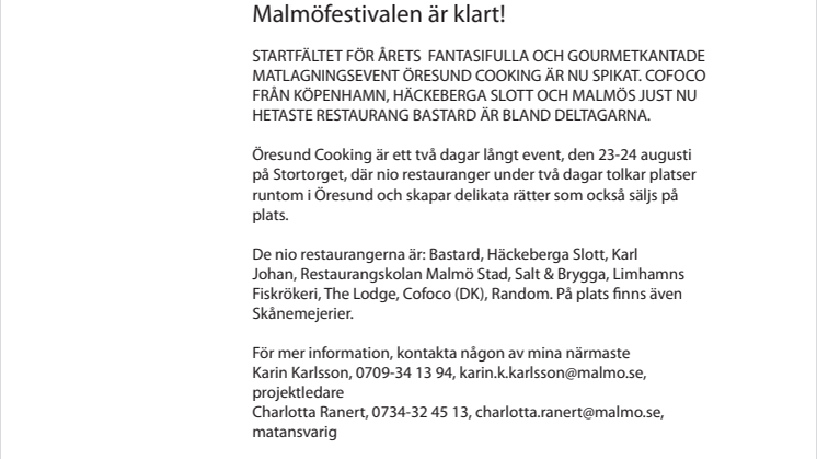 Startfältet för Öresund Cooking på Malmöfestivalen är klart!