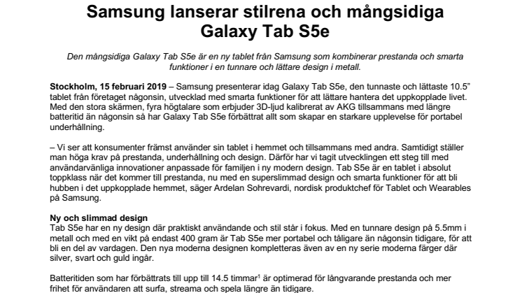 Samsung lanserar stilrena och mångsidiga Galaxy Tab S5e
