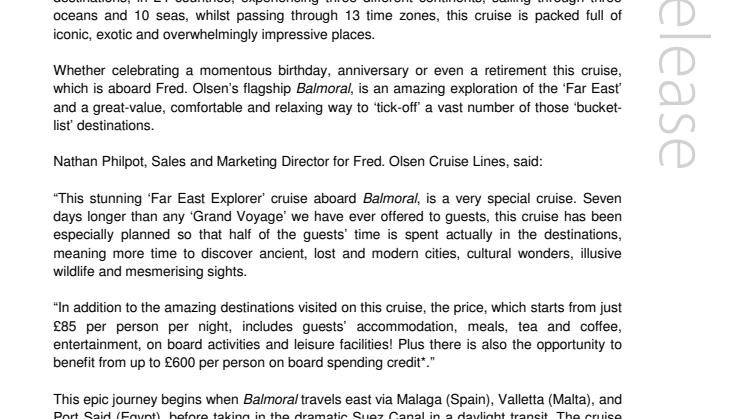 Take Fred. Olsen Cruise Lines’ ‘Far East Explorer’ ‘Grand Voyage’ in 2015 for the ultimate cruise of a lifetime