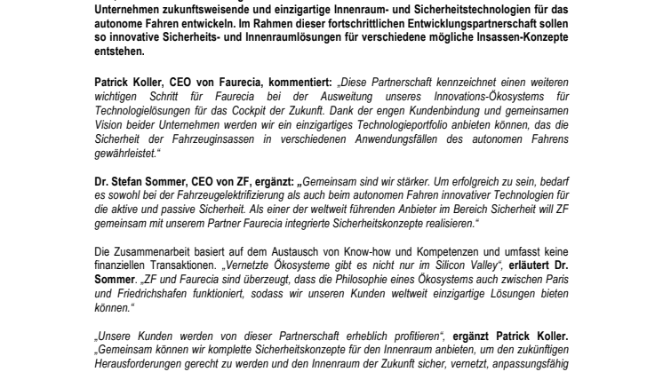 Faurecia und ZF unterzeichnen strategische Partnerschaft