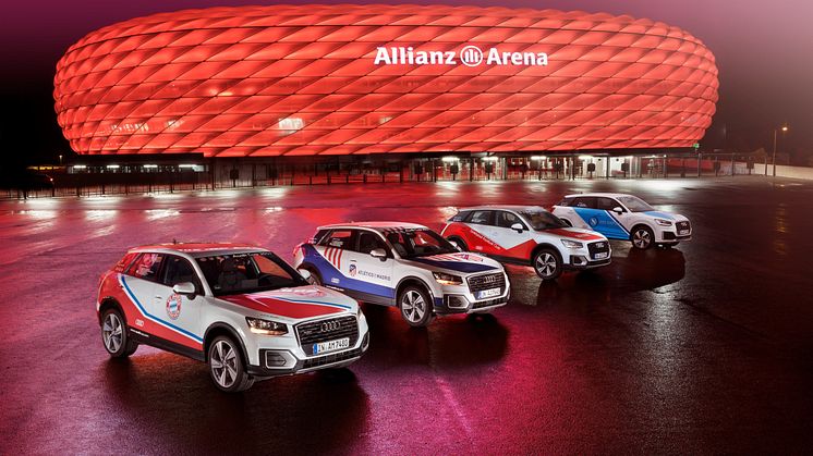 Fire Audi Q2 biler lakeret i de fire klubfarver gør reklame for Audi Cup 2017