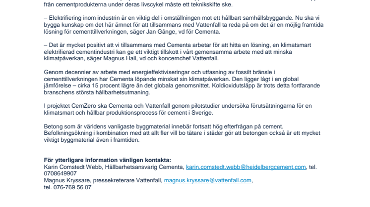 Cementa och Vattenfall satsar på nollutsläpp