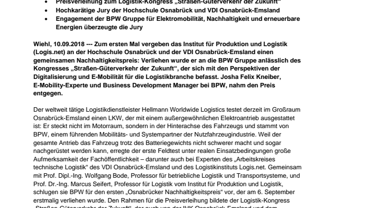 BPW mit dem ersten „Osnabrücker Nachhaltigkeits-Award“ ausgezeichnet
