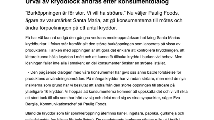 Santa Maria: Tack Sverige - vi lyssnar! Urval av kryddlock ändras efter konsumentdialog
