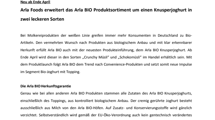 Arla Foods erweitert das Arla BIO Produktsortiment um einen Knusperjoghurt in zwei leckeren Sorten 