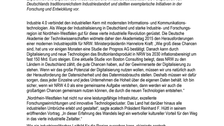 NRW als Leitregion der Industrie 4.0: acatech Akademietag mit Hannelore Kraft