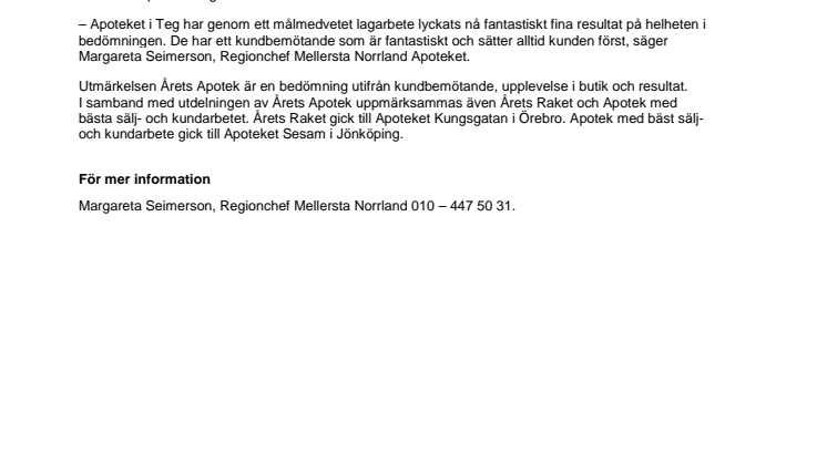 Apoteket Teg i Umeå är Årets Apotek 2013
