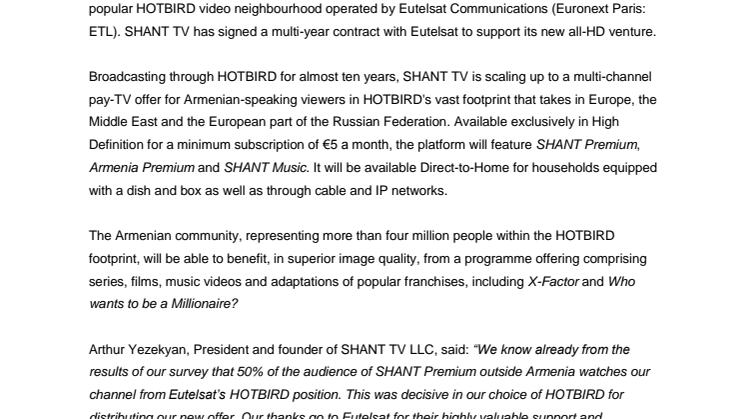 Armenia’s SHANT TV launches new HD platform at Eutelsat HOTBIRD neighbourhood