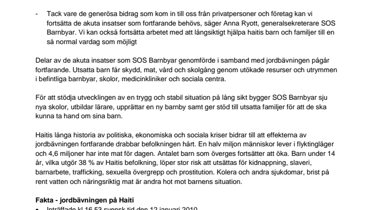 Haiti två år efter jordbävningen: Situationen för Haitis barn ännu svår – hjälpen måste fortsätta 