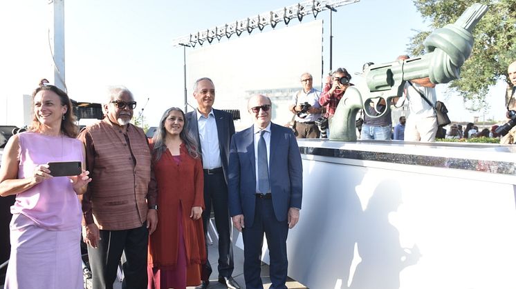 October 2nd Non-Violence Day Celebration - Founders Dr. Ogarit Younan and Dr. Walid Slaybi with Mr Arun Gandhi and Mr Blaise Oberson CEO NVPF.
