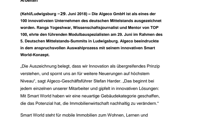 Algeco gewinnt Innovationspreis TOP 100