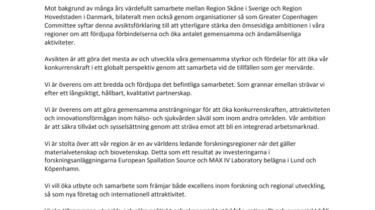 Avsiktsförklaring om gott grannskap, partnerskap och samarbete mellan Region Skåne och Region Hovedstaden