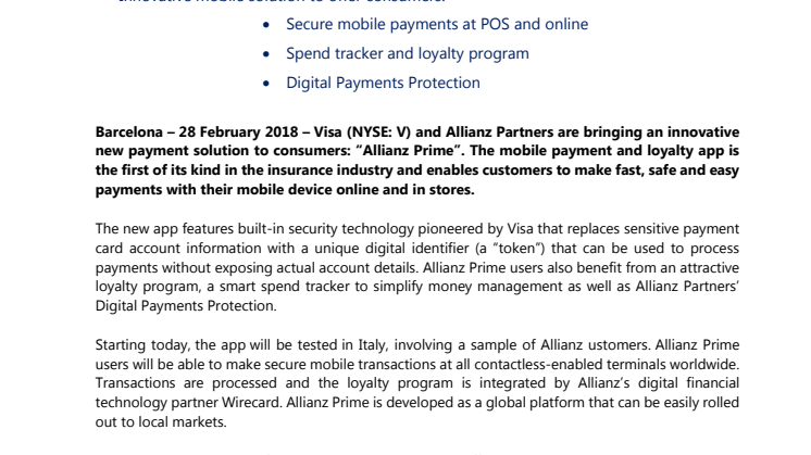 Visa et Allianz Partners apportent aux consommateurs une nouvelle solution de paiement innovante: "Allianz Prime"