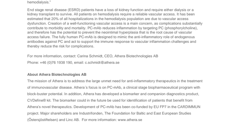 Athera Receives FDA Orphan Drug Designation for PC-mAb in prevention of vascular access failure in kidney disease patients 