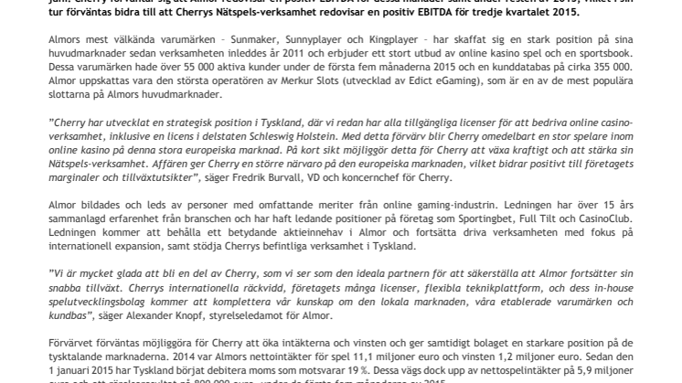 Cherry förvärvar online kasino med ledande ställning på de tysktalande marknaderna