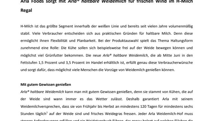 Arla Foods sorgt mit Arla® haltbare Weidemilch für frischen Wind im H-Milch Regal