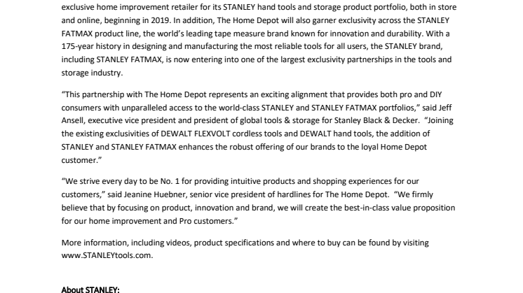 STANLEY Announces Exclusive Partnership with The Home Depot