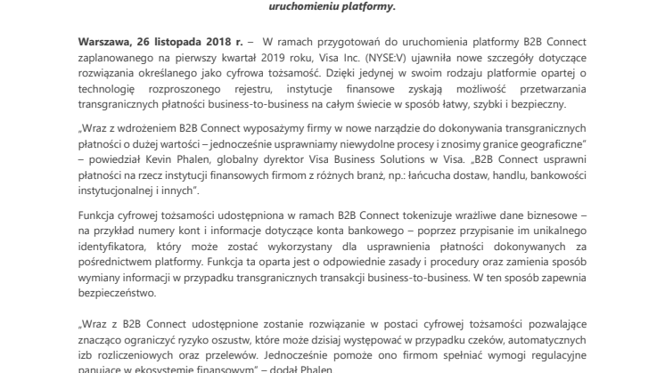 Visa przygotowuje się do wprowadzenia na rynek platformy B2B Connect