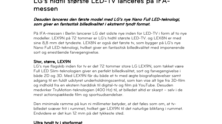 LG’s hidtil største LED-TV lanceres på IFA-messen 