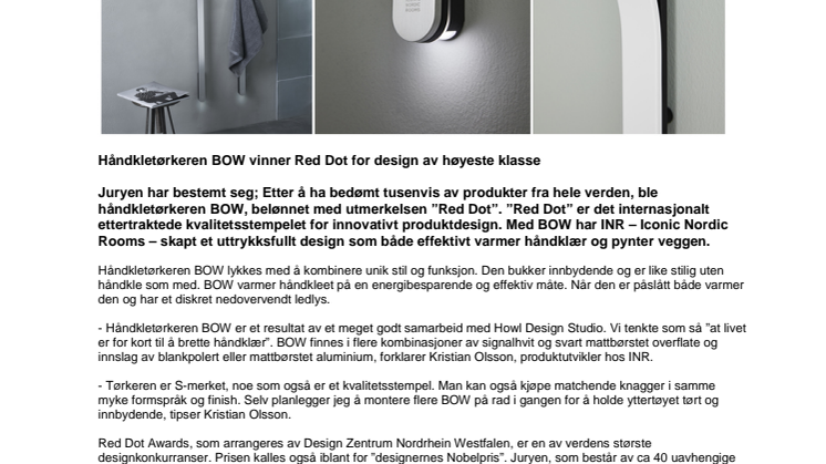 Håndkletørkeren BOW vinner Red Dot for design av høyeste klasse