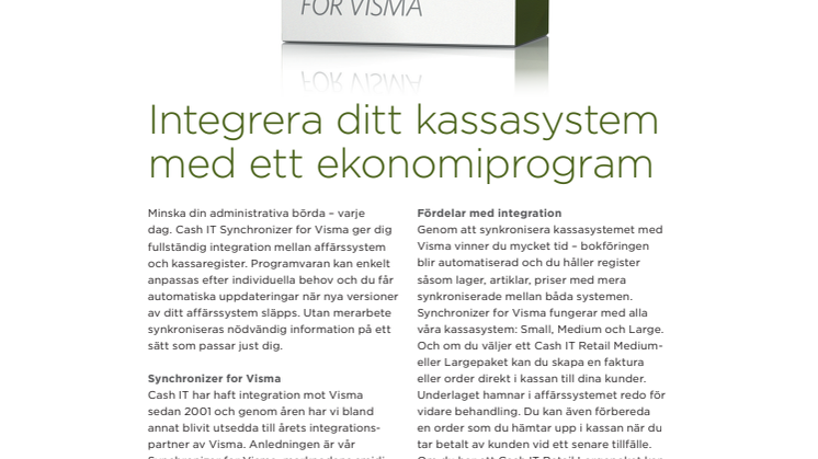 Cash IT Synchronizer for Visma - Integrera ditt kassasystem med ett ekonomiprogram