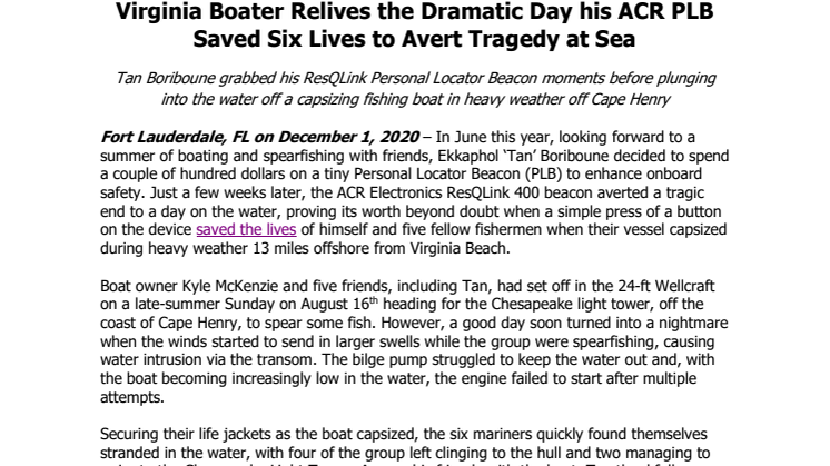 Virginia Boater Relives the Dramatic Day his ACR PLB Saved Six Lives to Avert Tragedy at Sea