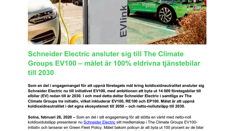 Schneider Electric ansluter sig till The Climate Groups EV100 – målet är 100% eldrivna tjänstebilar till 2030