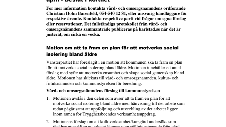 Vård- och omsorgsnämndens beslut i korthet 17 april