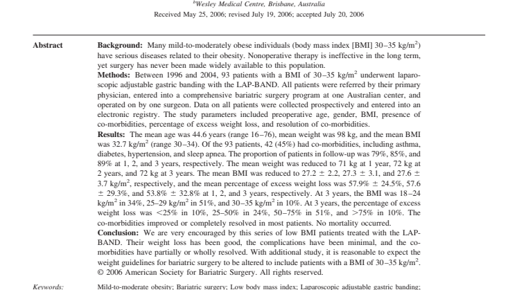 Laparoscopic adjustable banding for patients with body mass index less then BMI 35 