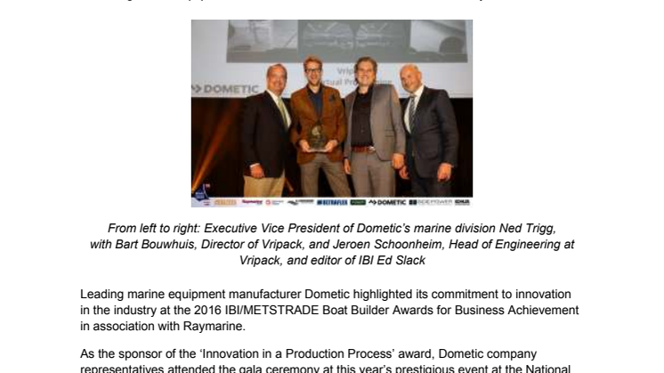 Dometic: Sponsor Dometic Presents Vripack with IBI/METSTRADE Boat Builder Awards Honour
