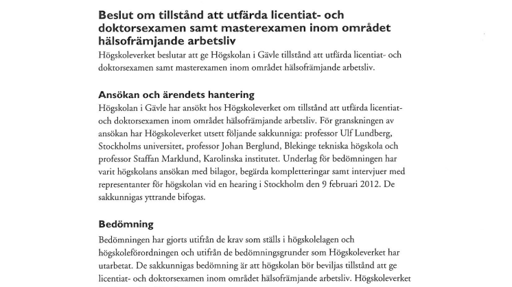 Högskoleverkets beslut om examenstillstånd hälsofrämjande arbetsliv