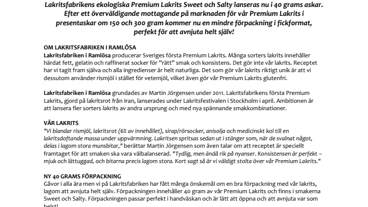 Lakritsfabriken i Ramlösa lanserar ny 40 grams förpackning