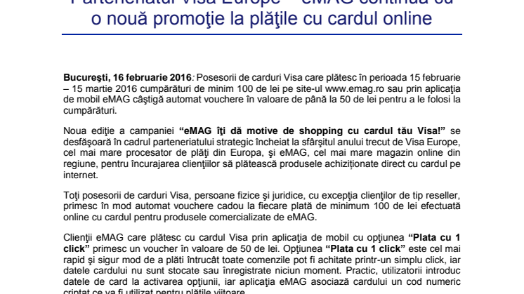 Parteneriatul Visa Europe – eMAG continuă cu o nouă promoţie la plăţile cu cardul online