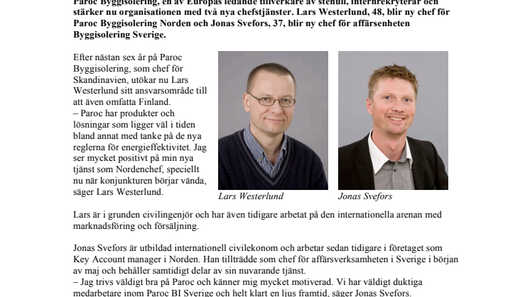 Paroc Byggisolering stärker organisationen med två nya chefstjänster