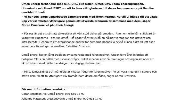 ​​Umeå Energi tar över rättigheter till arenorna på Gammlia 