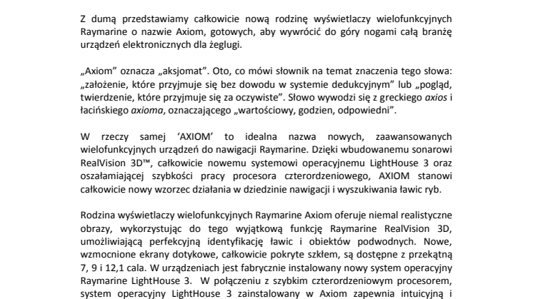 Raymarine: Przedstawiamy wyświetlacze wielofunkcyjne Axiom™ z sonarem RealVision 3D™ i systemem Lighthouse 3