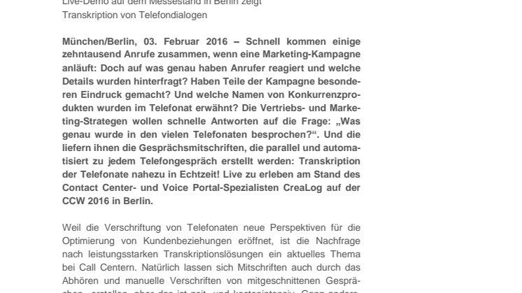 CreaLog auf der CCW 2016: Automatisierte Verschriftung von Telefonaten im Call Center