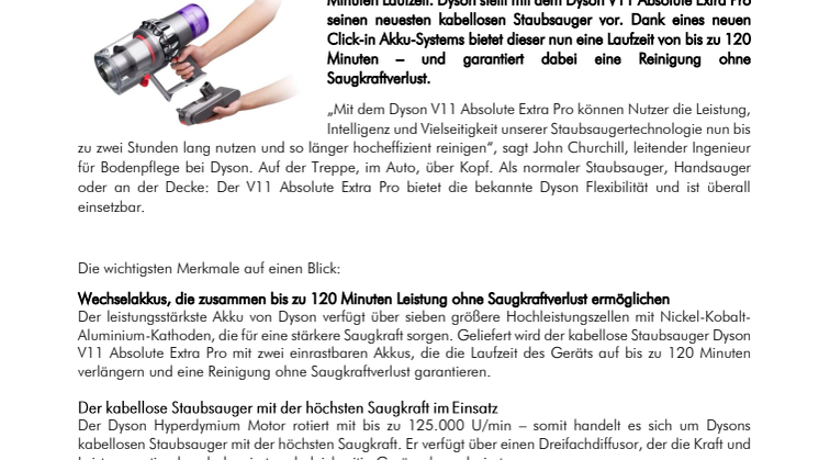Der kabellose Staubsauger Dyson V11 Absolute Extra Pro: Jetzt mit bis zu 120 Minuten Laufzeit*