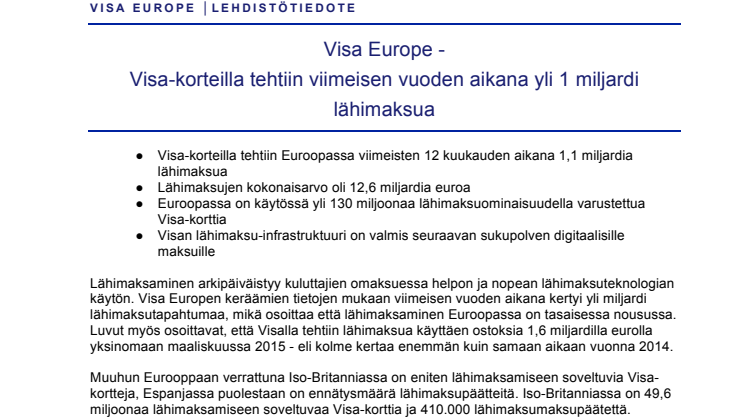 Visa-korteilla tehtiin viimeisen vuoden aikana yli 1 miljardi lähimaksua