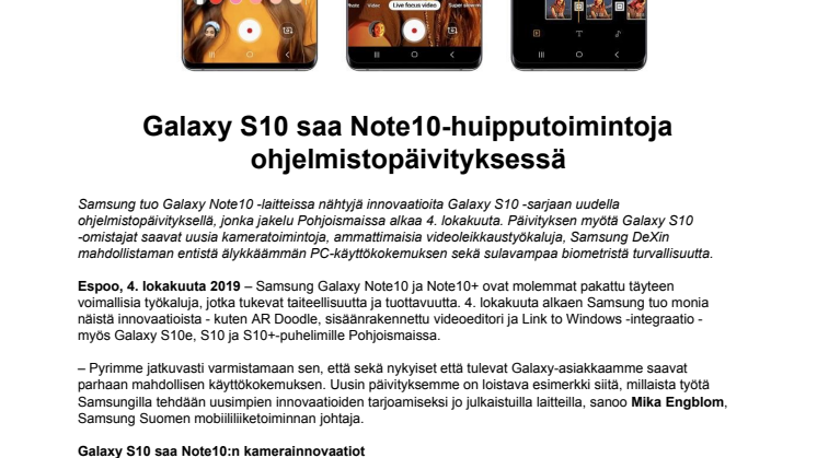 Galaxy S10 saa Note10-huipputoimintoja ohjelmistopäivityksessä