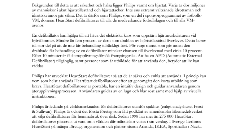 Philips skänker HeartStart defibrillatorer till alla VM-lag och VM-arenorna