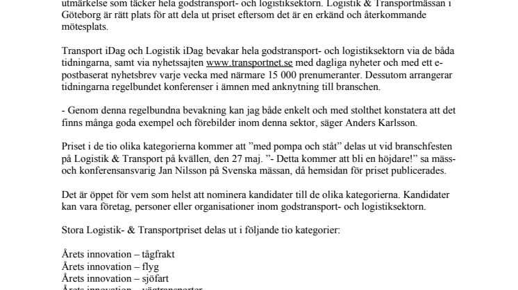 Transport iDag instiftar Stora Logistik- & Transportpriset