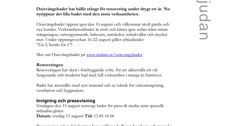 Oxievångsbadet nyöppnar 16 augusti