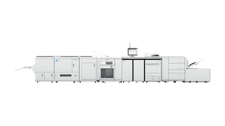 Canons digitale fargetrykkpresse imagePRESS V1000 utstyrt med heftemodulen BLM5050  fra Plockmatic