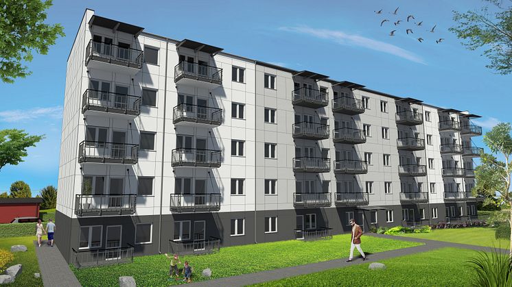 Tidig visionsbild över 5-vånings flerbostadshus som Egnahemsbolaget och polska Unibep bygger på Saffransgatan i Gårdsten. Bild: Unibep S.A