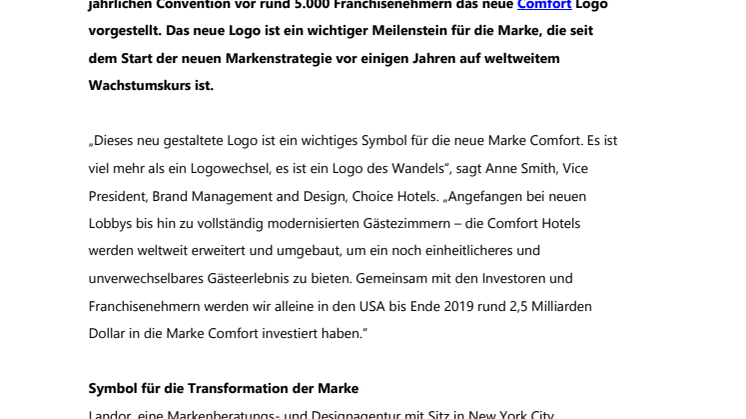 Choice Hotels stellt neues Logo für Comfort Hotels vor