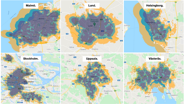 Tres täckningskartor för 5G.