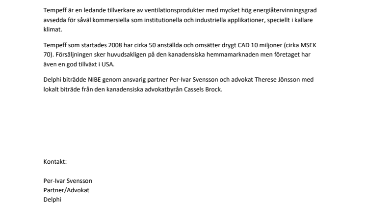 Delphi rådgivare när NIBE Industrier AB (publ) förvärvar 65 % av aktierna i Tempeff