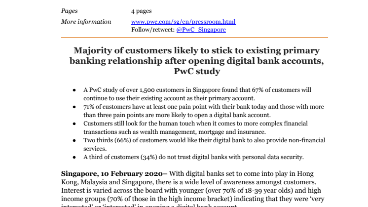 Majority of customers likely to stick to existing primary banking relationship after opening digital bank accounts, PwC study